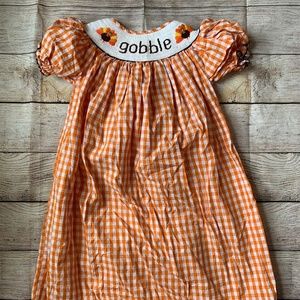 Orange Gingham Smocked "Gobble" Turkey Dress